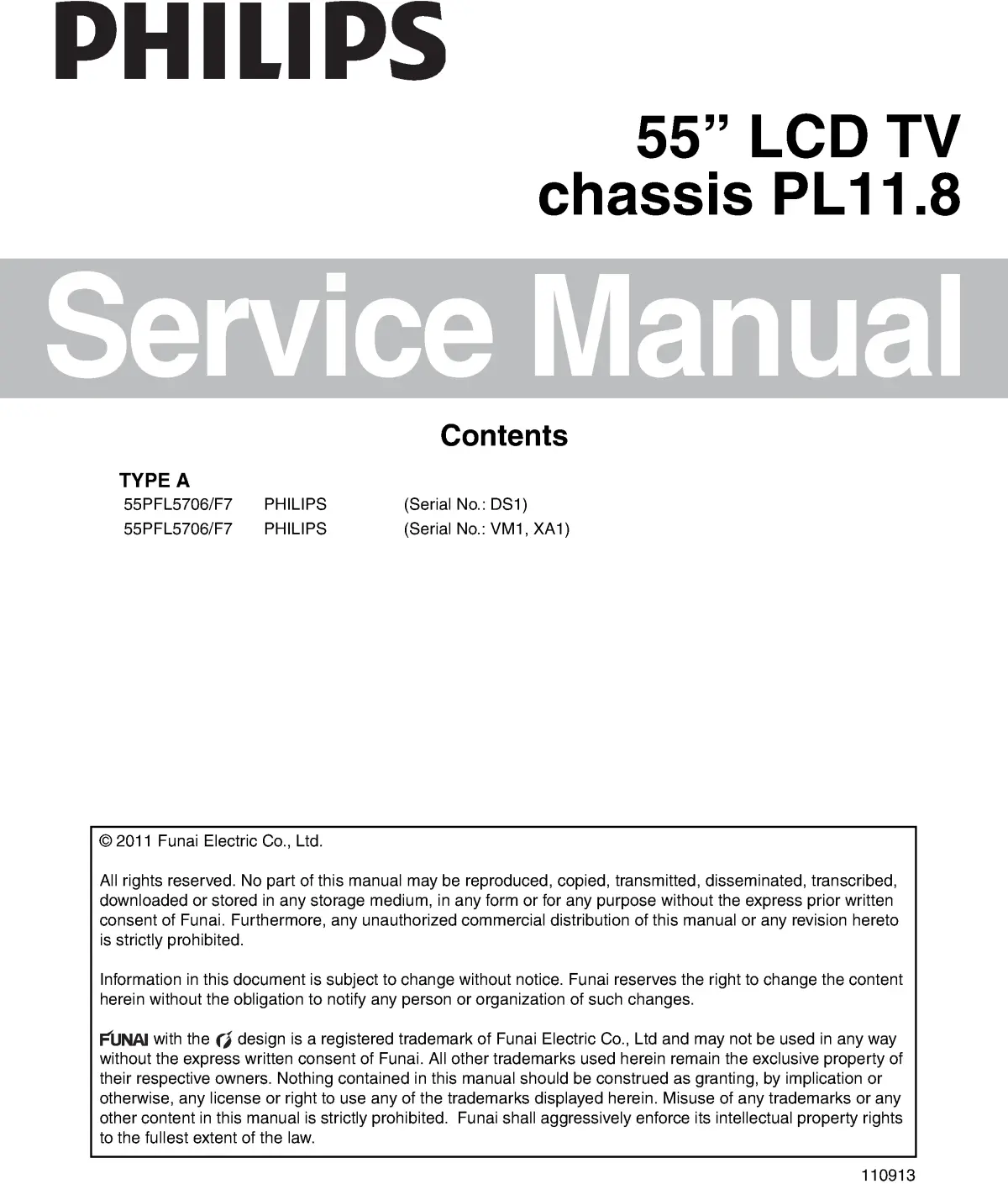 Philips 55pfl5706 service manual cover with photo of the television, TV type, chassis code, model code, creation date and document number