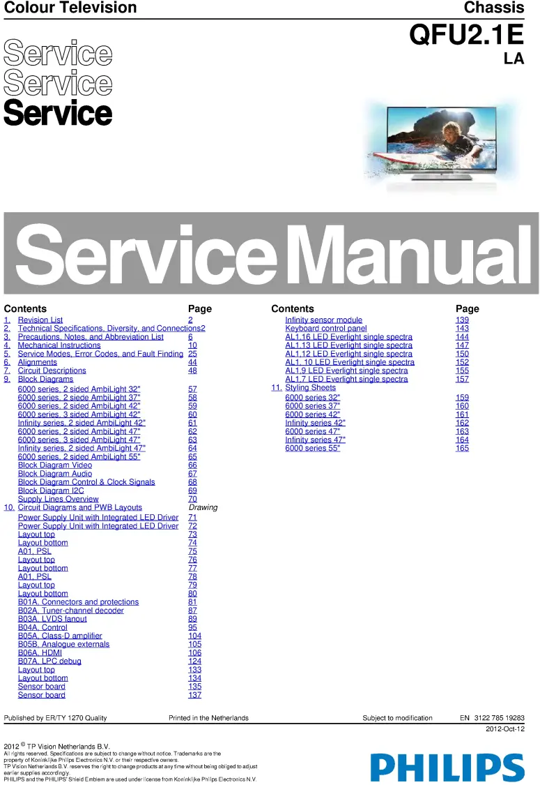 Philips 55pfl6007k service manual cover with photo of the television, TV type, chassis code, model code, creation date and document number