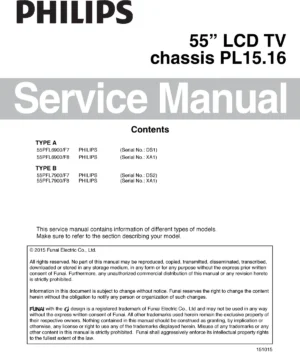 Philips 55pfl6900 service manual cover with photo of the television, TV type, chassis code, model code, creation date and document number