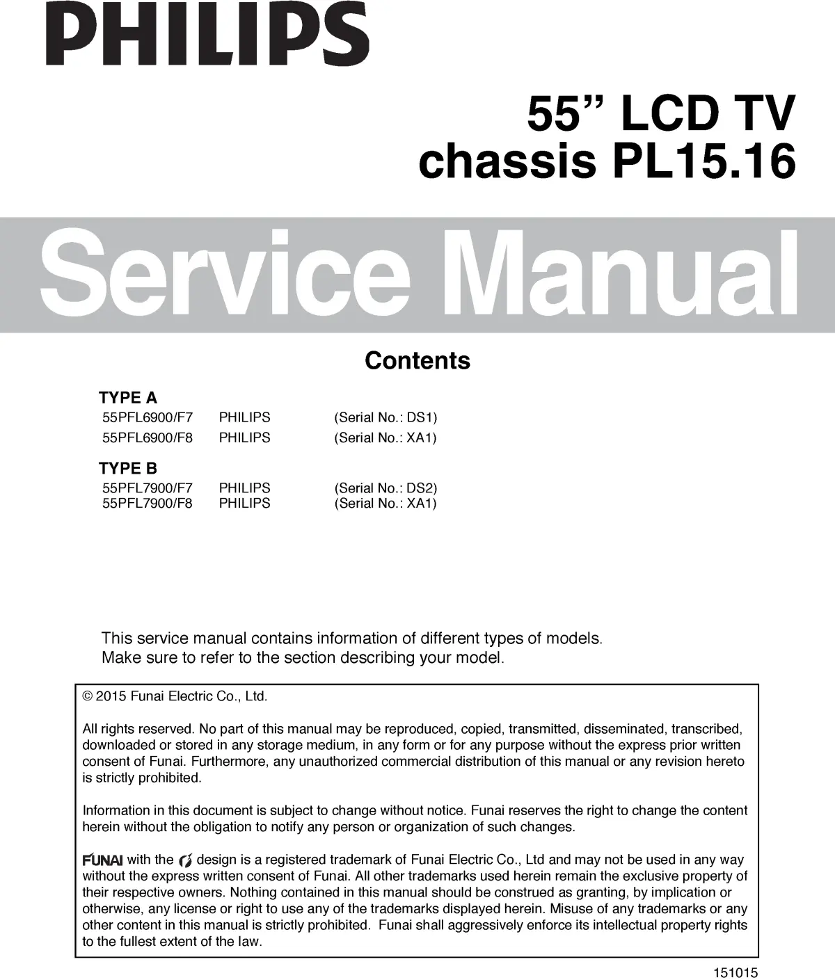 Philips 55pfl7900 service manual cover with photo of the television, TV type, chassis code, model code, creation date and document number