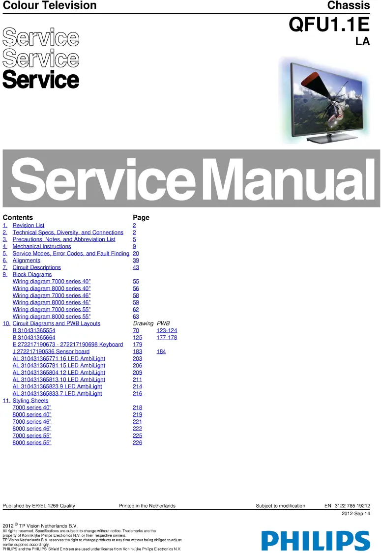 Philips 55pfl8007k service manual cover with photo of the television, TV type, chassis code, model code, creation date and document number
