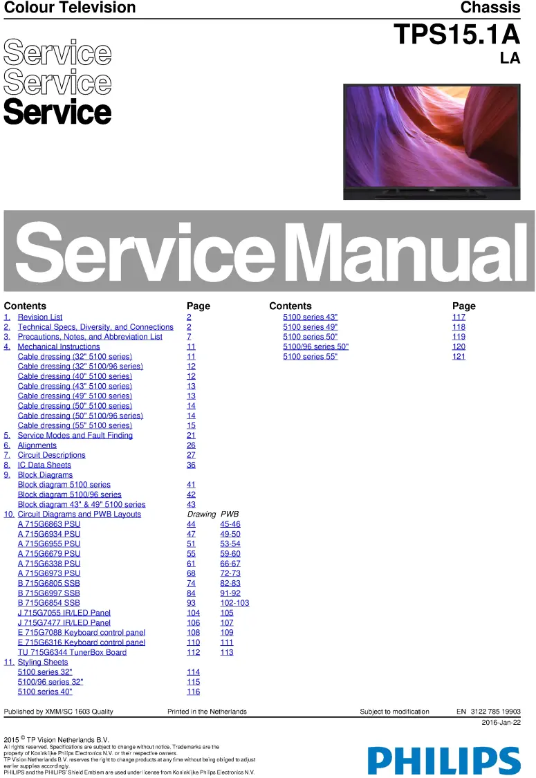 Philips 55pft5100 service manual cover with photo of the television, TV type, chassis code, model code, creation date and document number