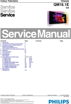 Philips 55pos901f service manual cover with photo of the television, TV type, chassis code, model code, creation date and document number