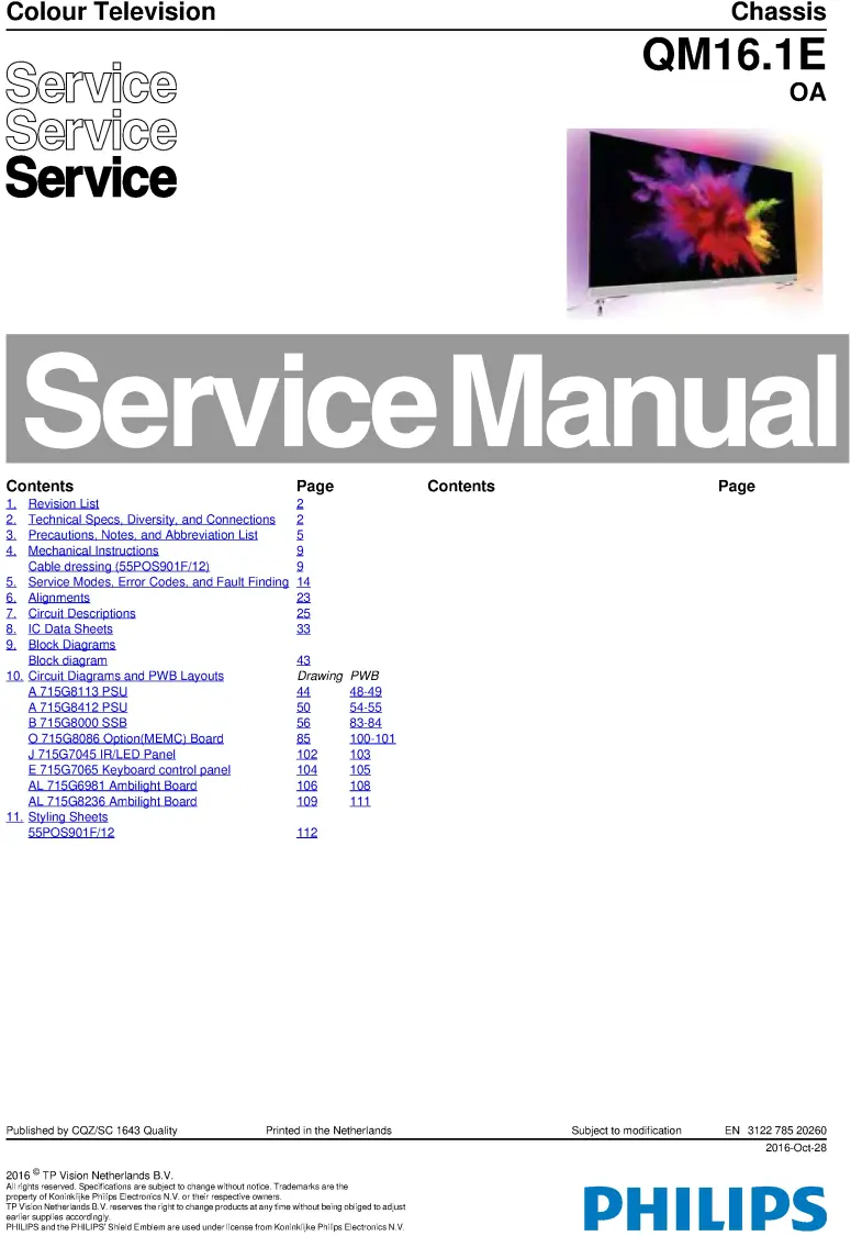 Philips 55pos901f service manual cover with photo of the television, TV type, chassis code, model code, creation date and document number
