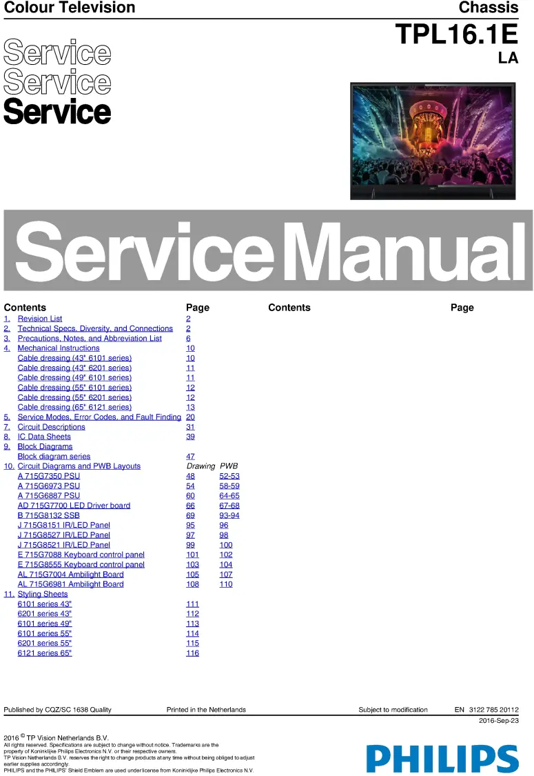 Philips 55puh6101 55pus6101 55put6101 55pus6201 55put6201 service manual cover with photo of the television, TV type, chassis code, model code, creation date and document number