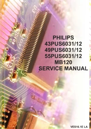 Philips 55pus6031 ves16.1ela service manual cover with photo of the television, TV type, chassis code, model code, creation date and document number