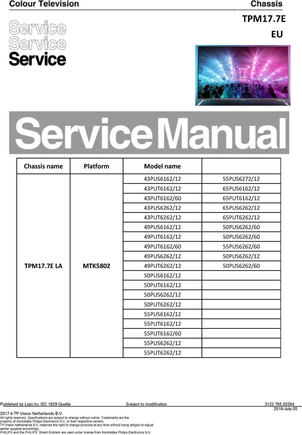 Philips 55pus6162 service manual cover with photo of the television, TV type, chassis code, model code, creation date and document number