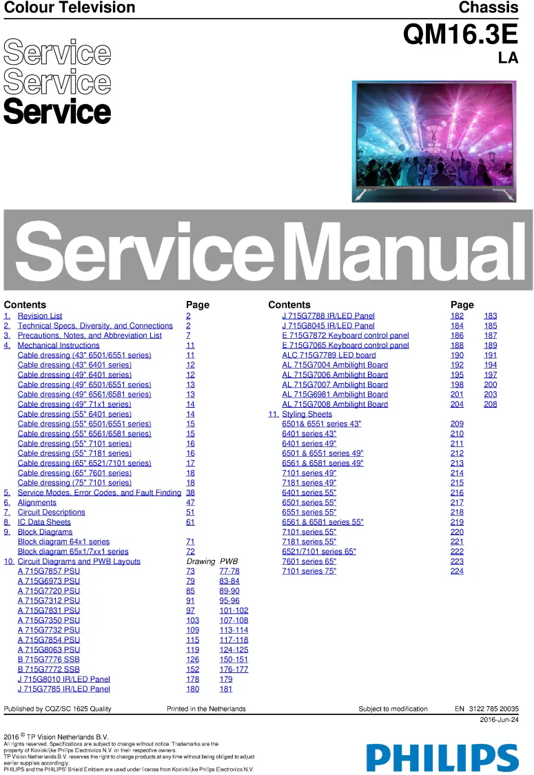 Philips 55pus6501 service manual cover with photo of the television, TV type, chassis code, model code, creation date and document number