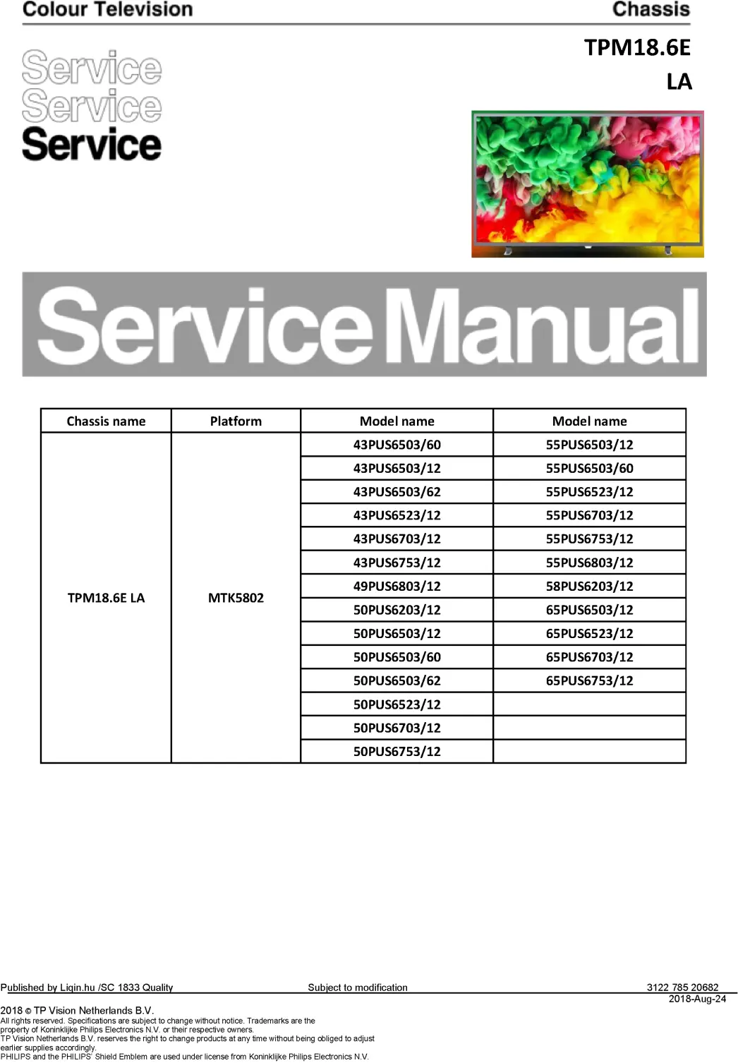 Philips 55pus6503 50pus6503 65pus6703 service manual cover with photo of the television, TV type, chassis code, model code, creation date and document number