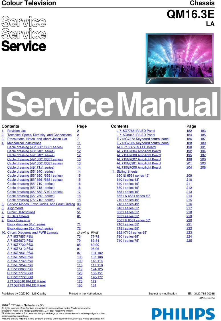 Philips 55pus6551 55pus6561 55pus6581 55pus7101 55pus7181 qm16.3e la service manual cover with photo of the television, TV type, chassis code, model code, creation date and document number