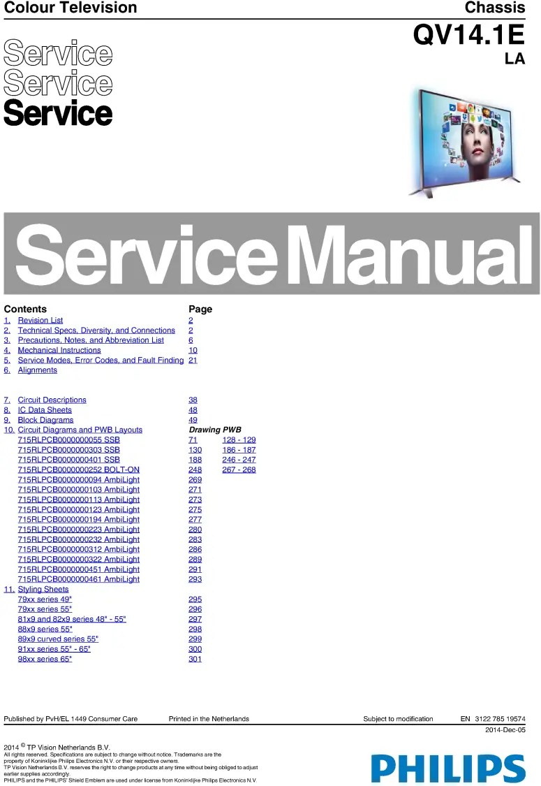Philips 55pus8809 55pfs8209 55pfs8159 55pfs8109 55pus7909 service manual cover with photo of the television, TV type, chassis code, model code, creation date and document number