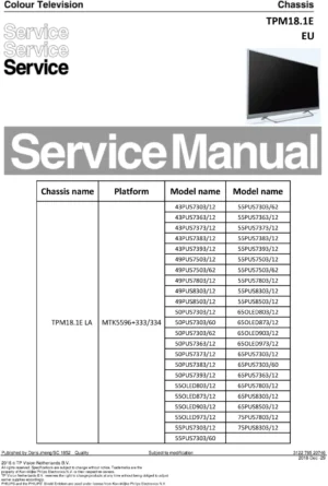 Philips 55pus9104 tpm18.1ela service manual cover with photo of the television, TV type, chassis code, model code, creation date and document number
