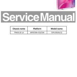 Philips 55pus9104 tpm19.2ela service manual cover with photo of the television, TV type, chassis code, model code, creation date and document number