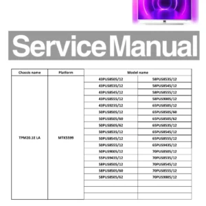 Philips 55pus9435 tpm20.1e la service manual cover with photo of the television, TV type, chassis code, model code, creation date and document number