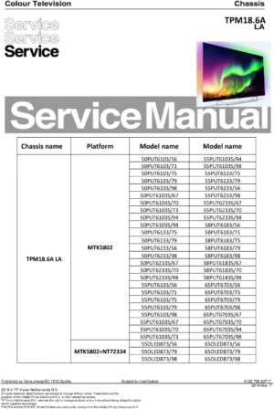 Philips 55put6133 55put6233 55put6233s service manual cover with photo of the television, TV type, chassis code, model code, creation date and document number