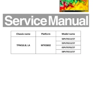 Philips 55put6703 50put6513 service manual cover with photo of the television, TV type, chassis code, model code, creation date and document number
