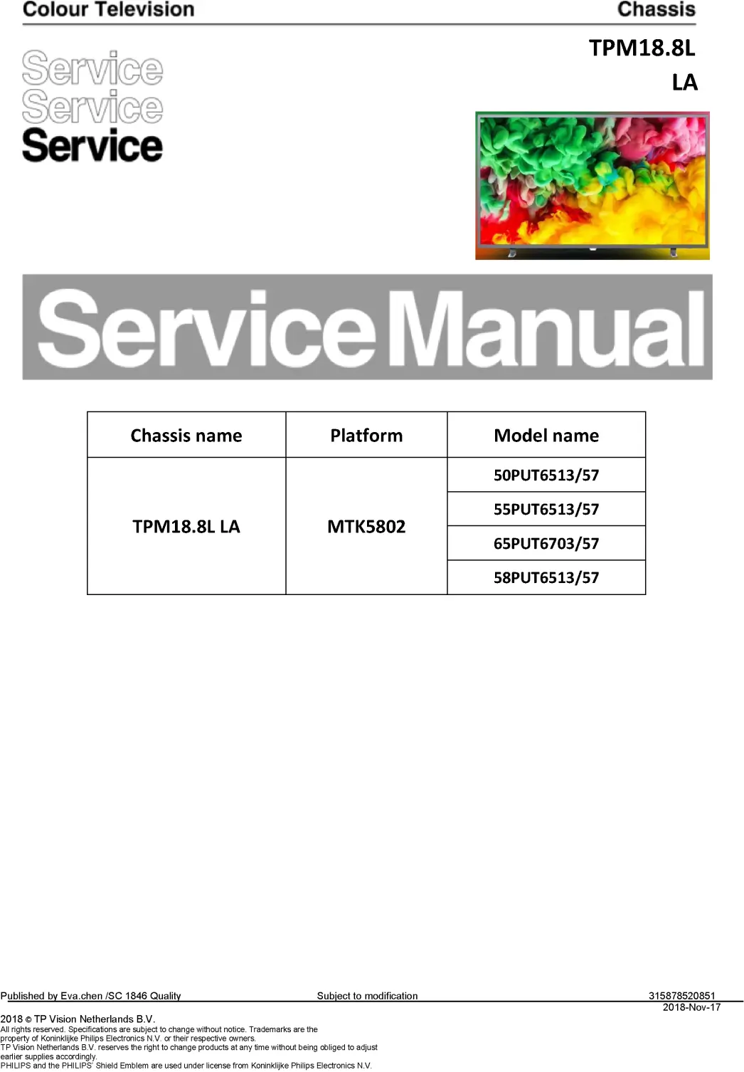 Philips 55put6703 50put6513 service manual cover with photo of the television, TV type, chassis code, model code, creation date and document number