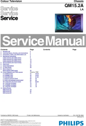 Philips 55put6800 service manual cover with photo of the television, TV type, chassis code, model code, creation date and document number