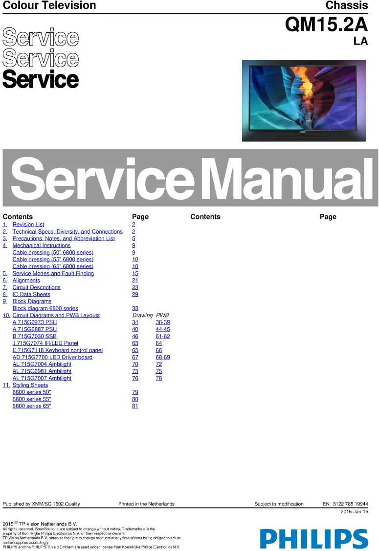 Philips 55put6800 service manual cover with photo of the television, TV type, chassis code, model code, creation date and document number