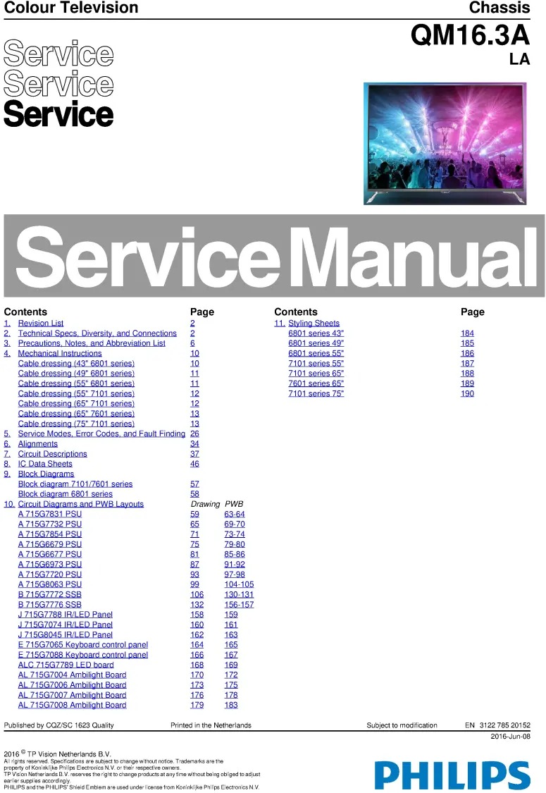 Philips 55put6801 qm16.3ala service manual cover with photo of the television, TV type, chassis code, model code, creation date and document number