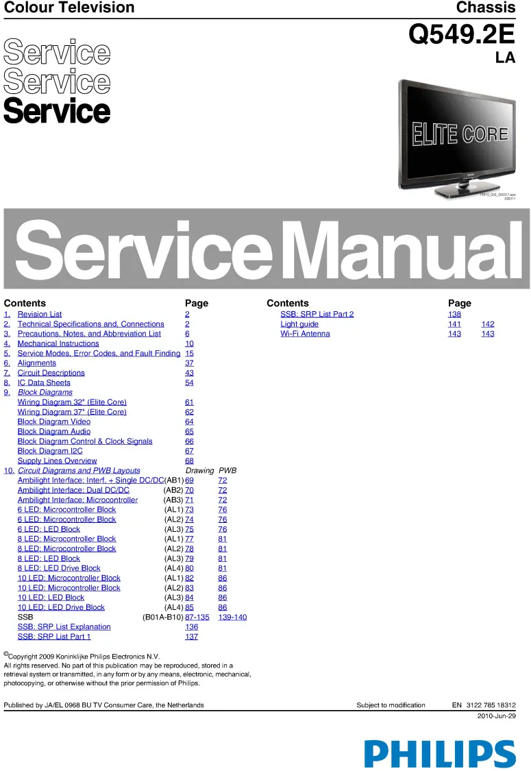 Philips 56pfl9954h service manual cover with photo of the television, TV type, chassis code, model code, creation date and document number