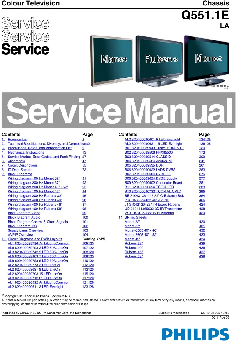 Philips 58pfl9955h service manual cover with photo of the television, TV type, chassis code, model code, creation date and document number