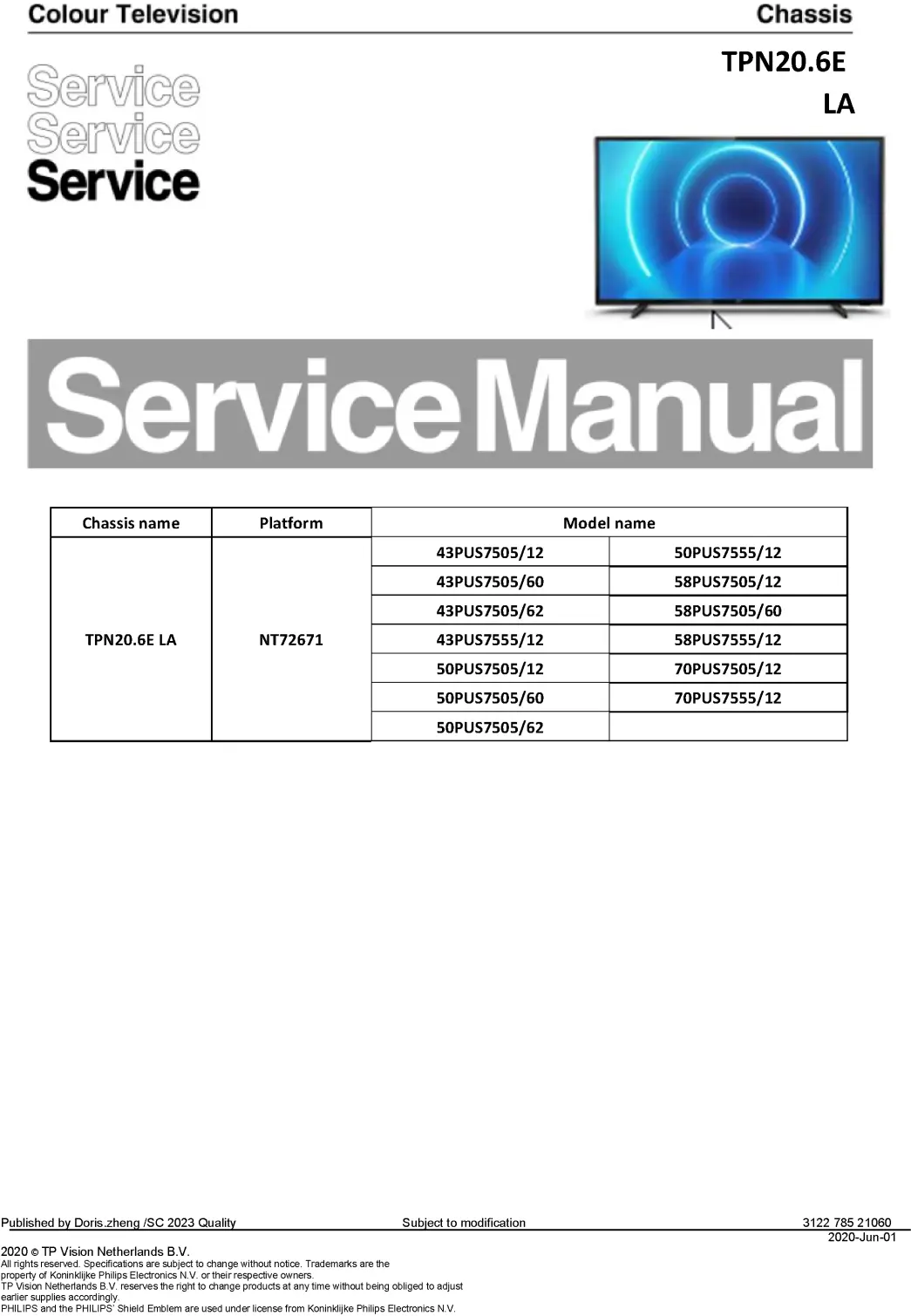 Philips 58pus7505 58pus7555 70pus7505 70pus7555 70pus7555 service manual cover with photo of the television, TV type, chassis code, model code, creation date and document number