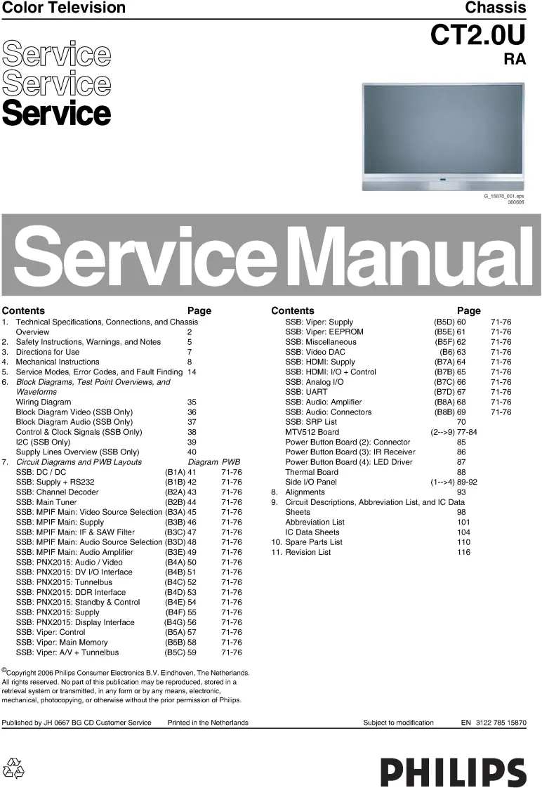 Philips 60pl9220d service manual cover with photo of the television, TV type, chassis code, model code, creation date and document number