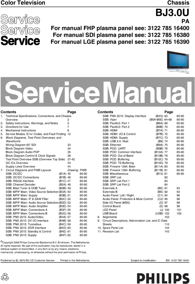 Philips 63pf9631d service manual cover with photo of the television, TV type, chassis code, model code, creation date and document number