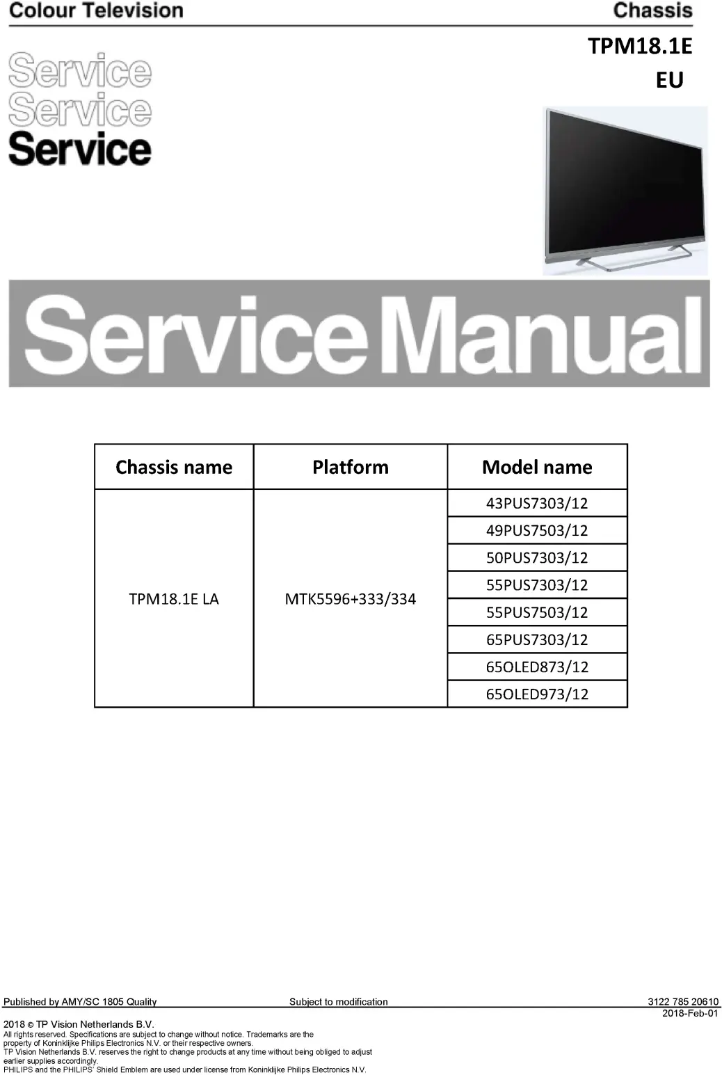Philips 65oled873 65oled973 service manual cover with photo of the television, TV type, chassis code, model code, creation date and document number