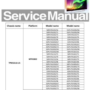 Philips 65oled873 service manual cover with photo of the television, TV type, chassis code, model code, creation date and document number