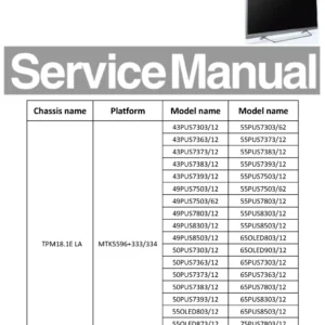Philips 65oled973 service manual cover with photo of the television, TV type, chassis code, model code, creation date and document number