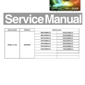 Philips 65oled986 service manual cover with photo of the television, TV type, chassis code, model code, creation date and document number