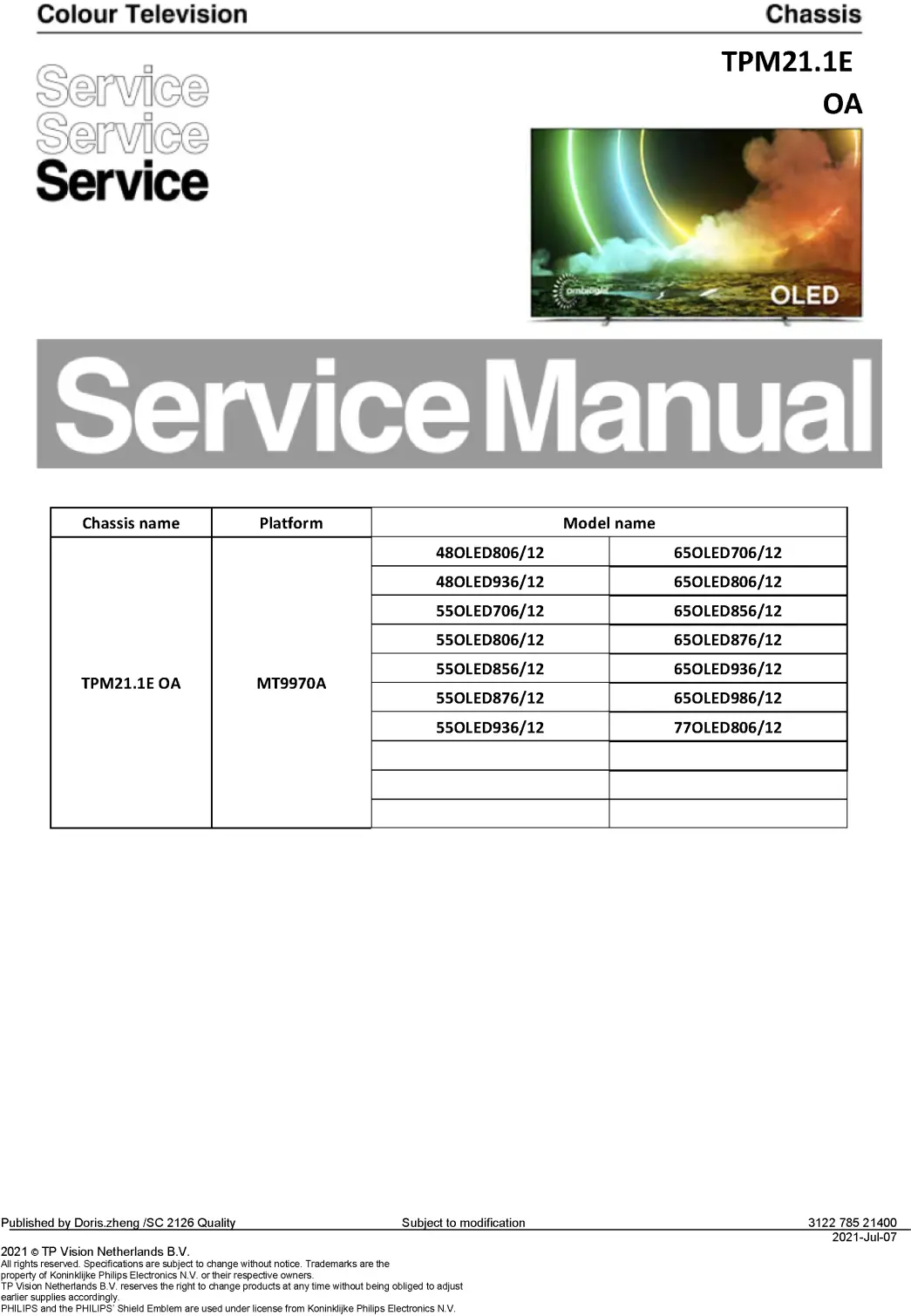 Philips 65oled986 service manual cover with photo of the television, TV type, chassis code, model code, creation date and document number