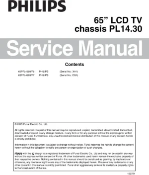 Philips 65pfl4909 service manual cover with photo of the television, TV type, chassis code, model code, creation date and document number