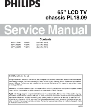 Philips 65pfl5603 65pfl5703 65pfl5903 service manual cover with photo of the television, TV type, chassis code, model code, creation date and document number