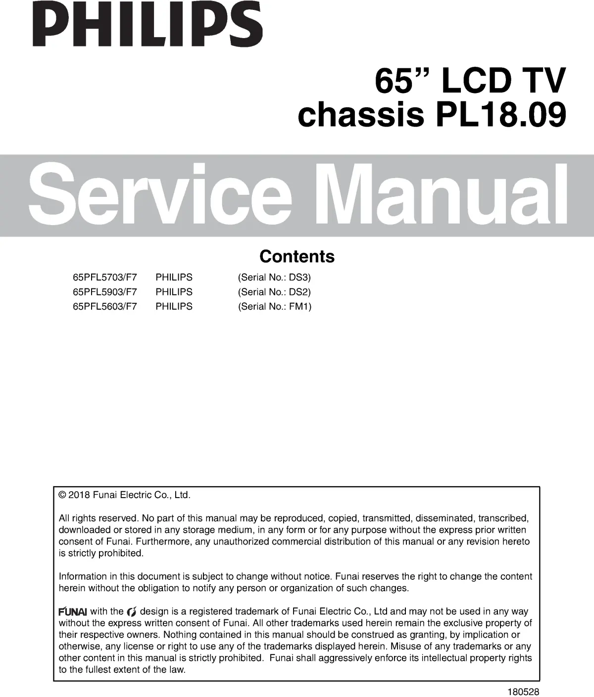 Philips 65pfl5603 65pfl5703 65pfl5903 service manual cover with photo of the television, TV type, chassis code, model code, creation date and document number