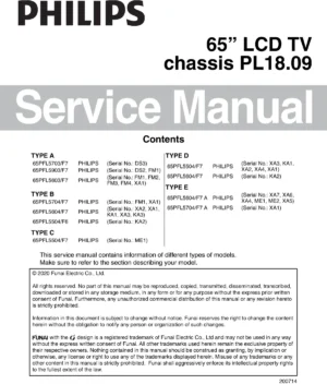 Philips 65pfl5704 65pfl5604 65pfl5504 service manual cover with photo of the television, TV type, chassis code, model code, creation date and document number