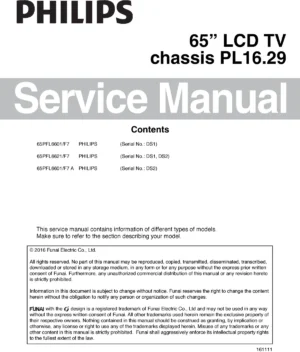 Philips 65pfl6621 65pfl6601 service manual cover with photo of the television, TV type, chassis code, model code, creation date and document number