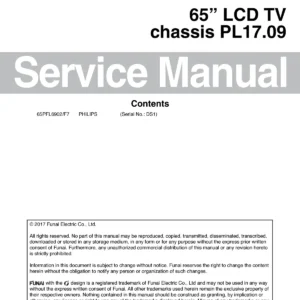 Philips 65pfl6902 service manual cover with photo of the television, TV type, chassis code, model code, creation date and document number