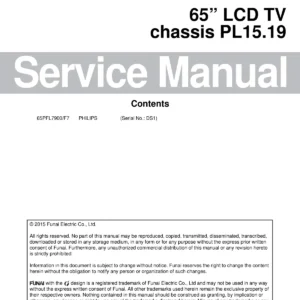 Philips 65pfl7900 service manual cover with photo of the television, TV type, chassis code, model code, creation date and document number