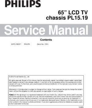 Philips 65pfl7900 service manual cover with photo of the television, TV type, chassis code, model code, creation date and document number
