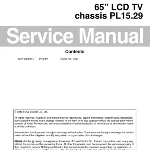 Philips 65pfl8900 service manual cover with photo of the television, TV type, chassis code, model code, creation date and document number