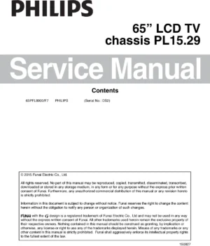 Philips 65pfl8900 service manual cover with photo of the television, TV type, chassis code, model code, creation date and document number
