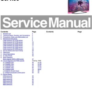 Philips 65pft6909 65pft6909s 65put8609 65put8609s service manual cover with photo of the television, TV type, chassis code, model code, creation date and document number