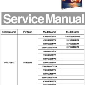 Philips 65pug6412 55pug6212 service manual cover with photo of the television, TV type, chassis code, model code, creation date and document number
