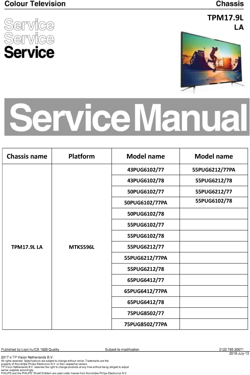 Philips 65pug6412 55pug6212 service manual cover with photo of the television, TV type, chassis code, model code, creation date and document number