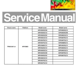 Philips 65pus6503 58pus6203 55pus6523 service manual cover with photo of the television, TV type, chassis code, model code, creation date and document number
