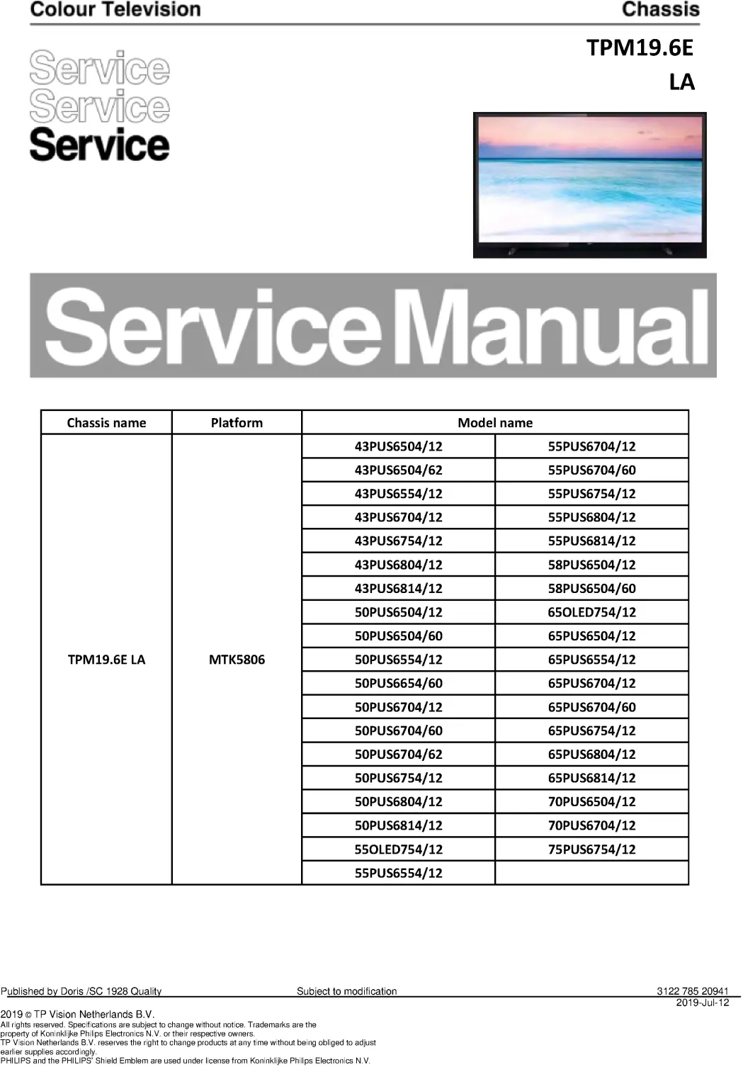Philips 65pus6704 55pus6814 65pus6804 55pus6804 service manual cover with photo of the television, TV type, chassis code, model code, creation date and document number