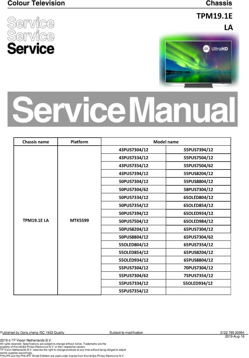 Philips 65pus7354 65pus8204 65pus7304 50pus7504 service manual cover with photo of the television, TV type, chassis code, model code, creation date and document number